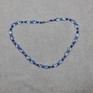 Handmade 925 Sterling Silver blue clear glass faucet beaded necklace